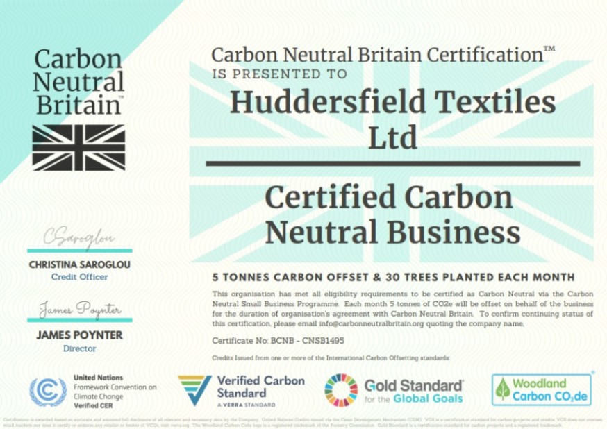 Certified Carbon Neutral Business Huddersfield Textiles. This shows that we are doing our part.