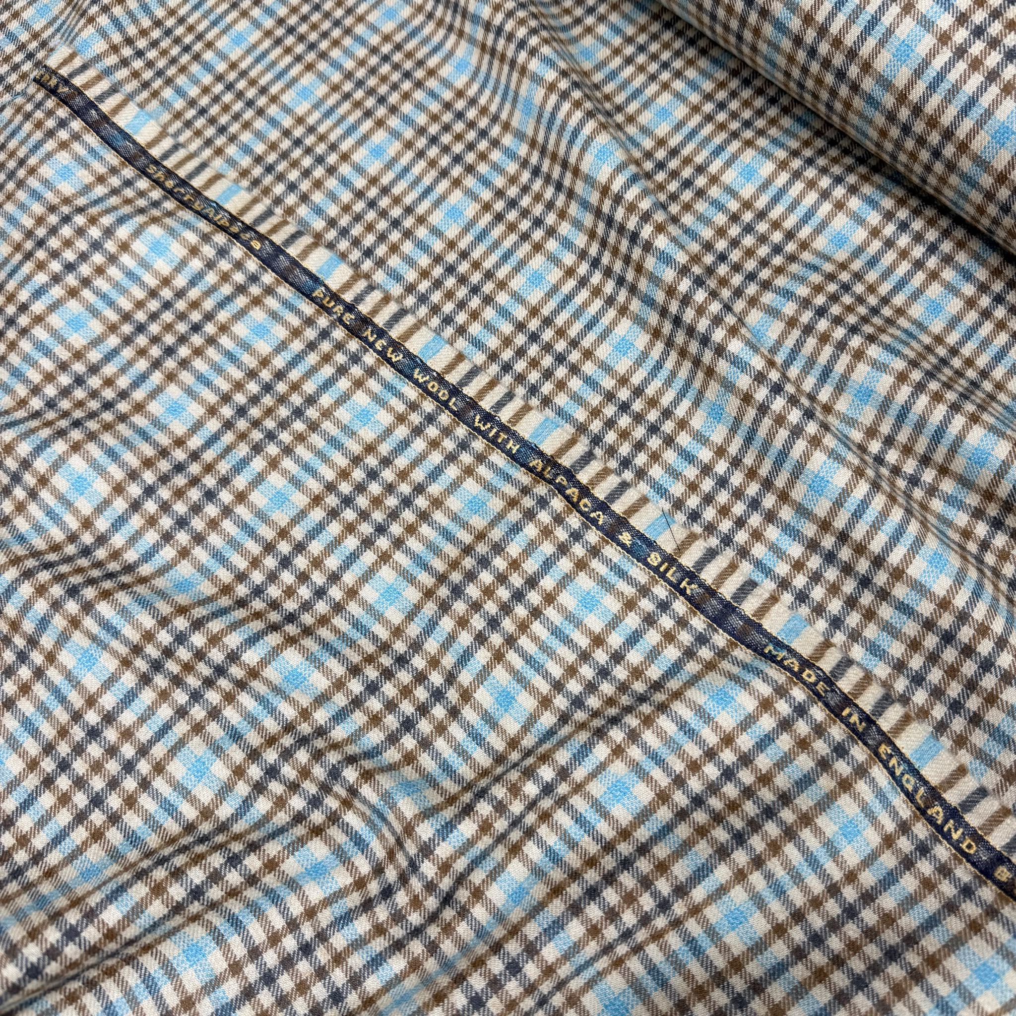 SAL343 - SAND FANCY W/ BLUE OVERCHECK 30% ALPACA, 20% SILK, 50% WOOL (300 Grams / 10.5 oz)